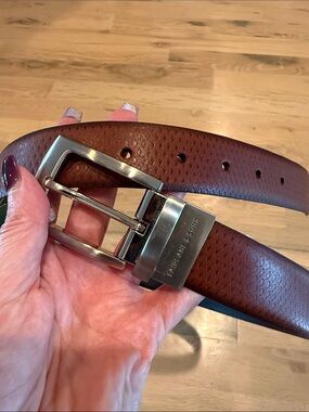 Brown & Black Textured Reversible Leather Belt with Silver Buckle 36